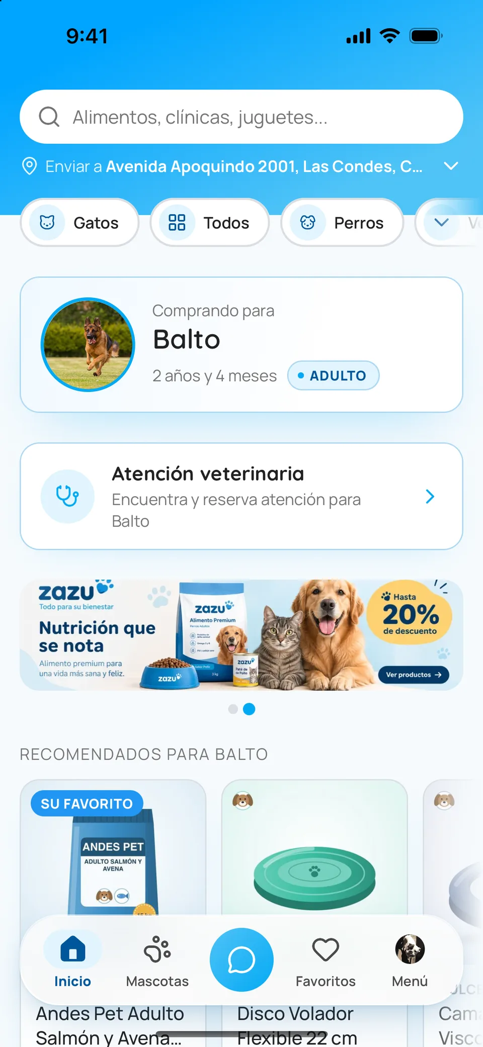 El inicio de Zazú: comprando para Balto, con su atención veterinaria, lo recomendado para él y el chat al centro