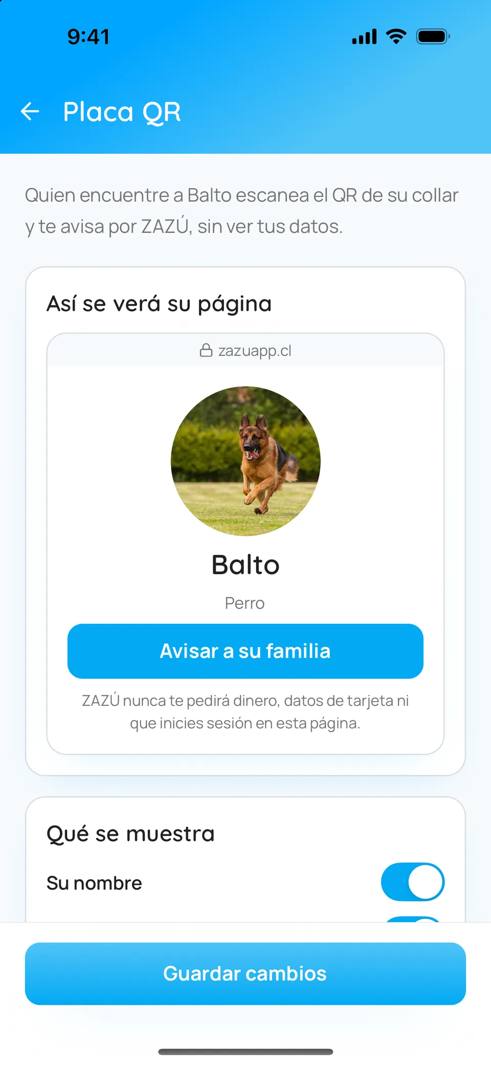 La placa QR de Balto: así se ve su página, con el botón para avisar a su familia